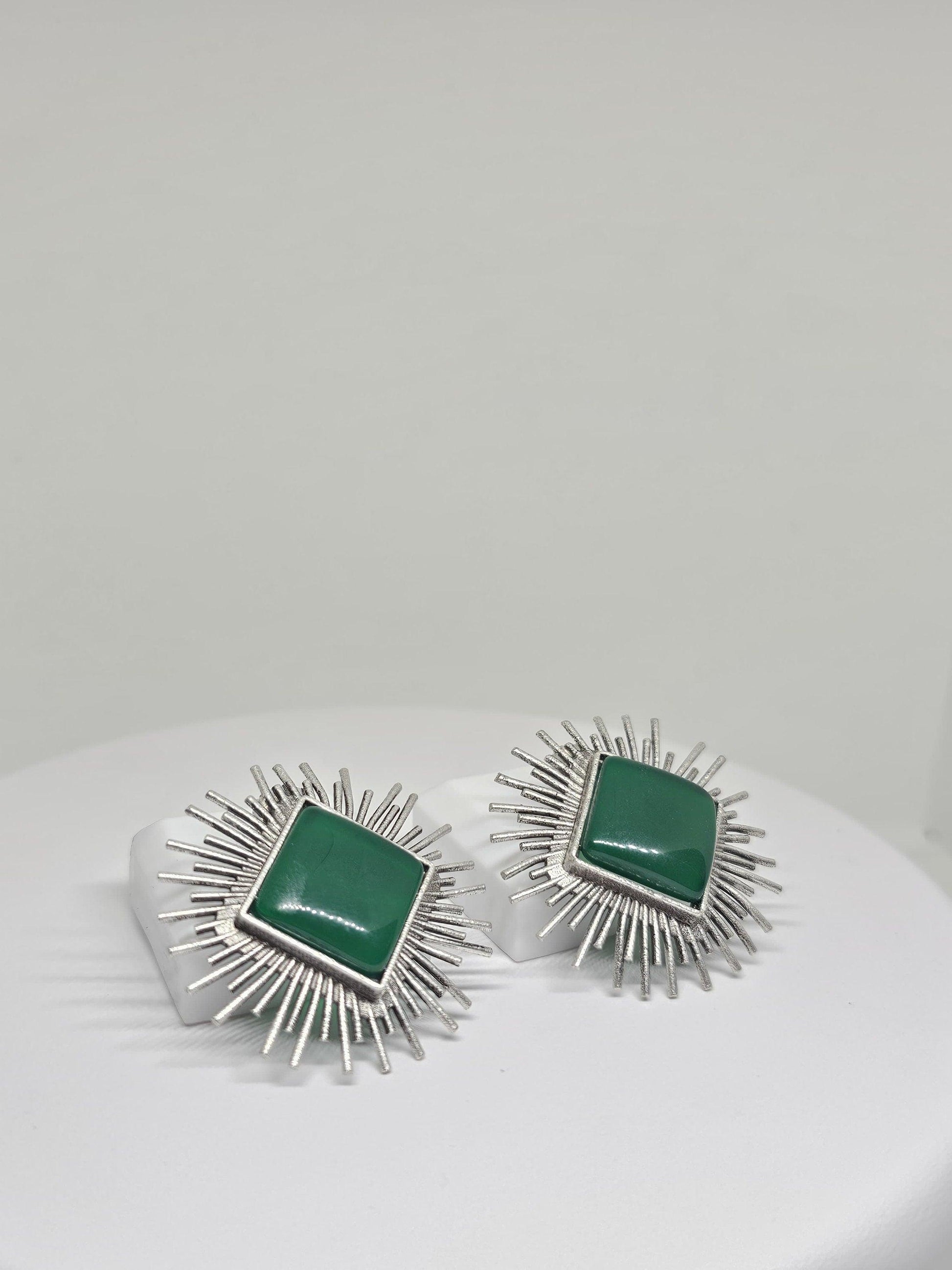 Boho chic silver sunburst earrings with green Monalisa stones, perfect gift for her