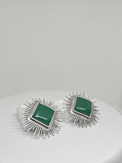 Boho chic silver sunburst earrings with green Monalisa stones, perfect gift for her