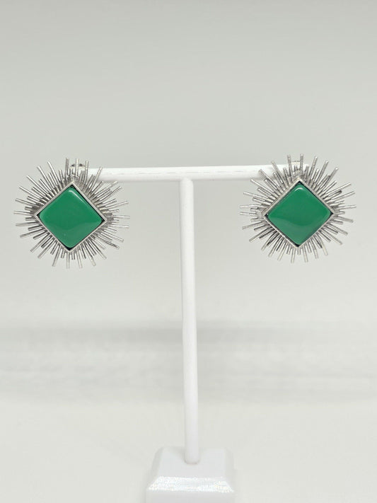 Green Monalisa stone stud earrings with silver sunburst design, handmade boho chic jewelry