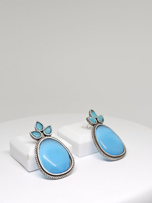 Blue Monalisa Stone Drop Earrings with Silver Finish - Boho Style Handmade Jewelry, Ethnic Indian Fashion Accessory , Leaf and Oval shaped