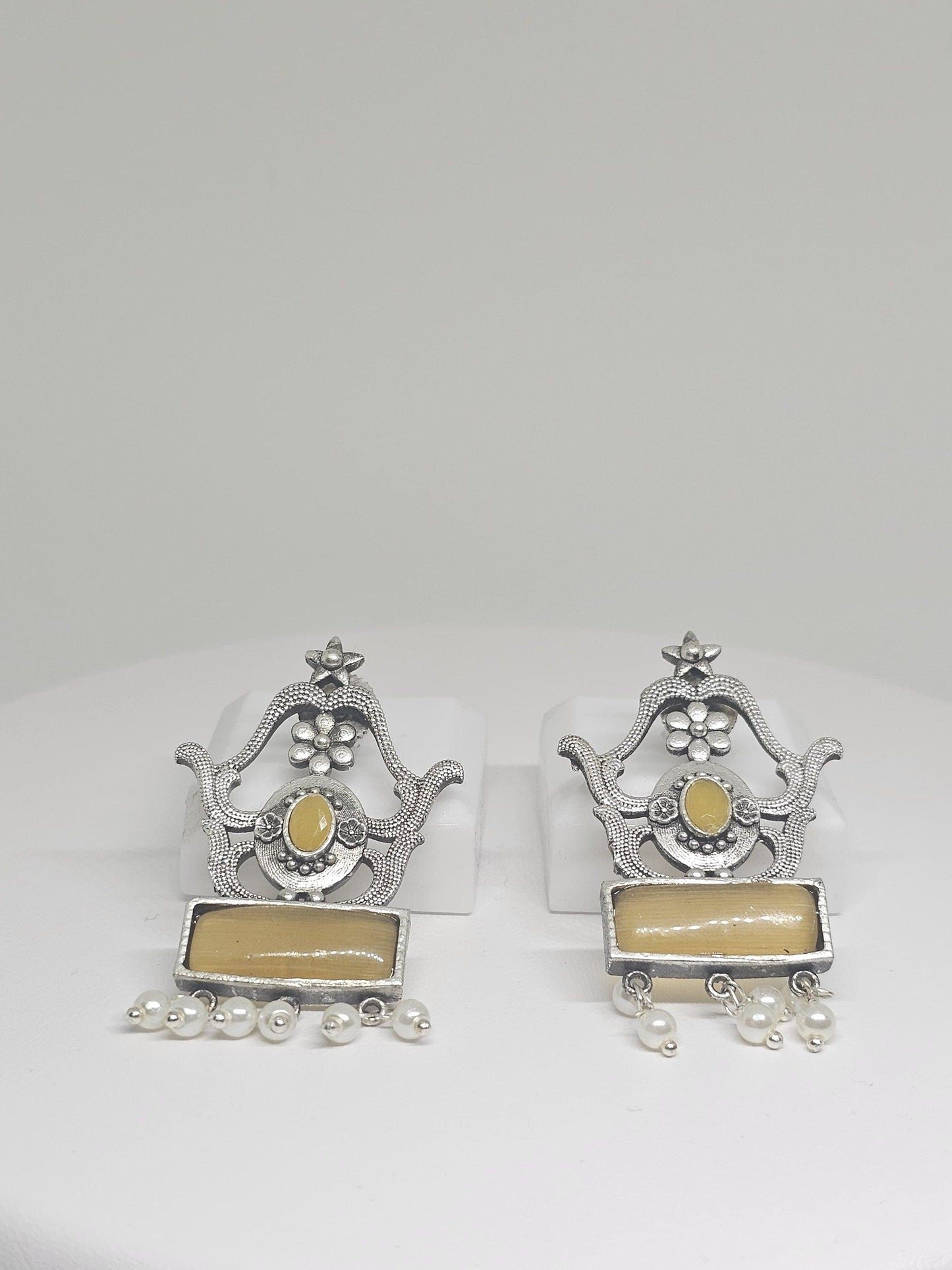 Yellow Monalisa stone and pearl earrings with intricate silver detailing, bohemian style jewelry