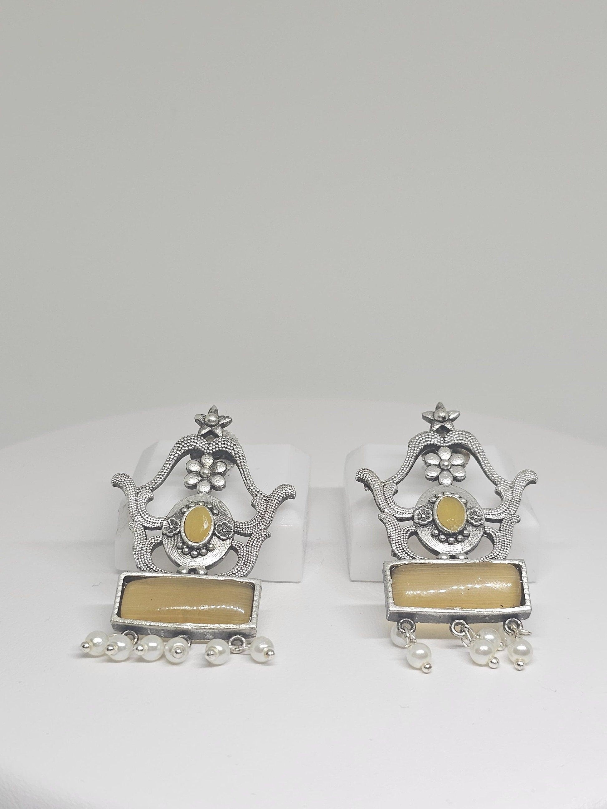 Yellow Monalisa stone and pearl earrings with intricate silver detailing, bohemian style jewelry