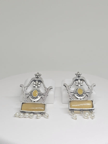 Yellow Monalisa stone and pearl earrings with intricate silver detailing, bohemian style jewelry