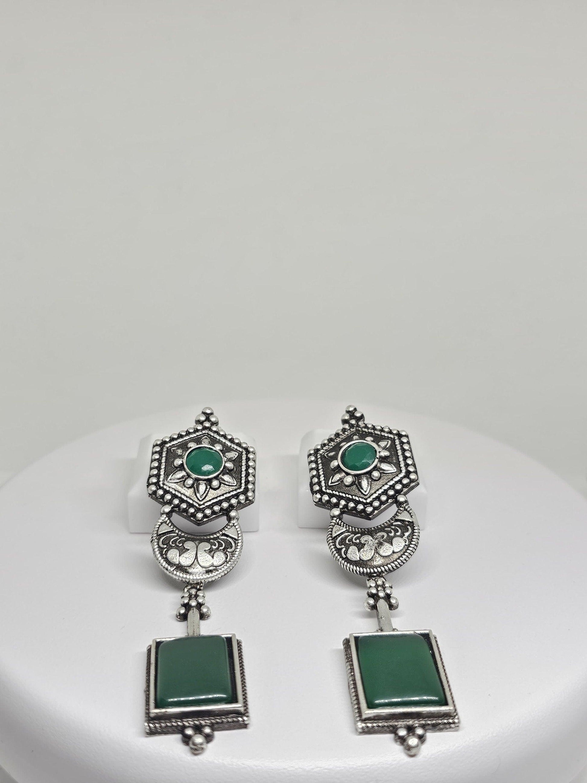 Green Monalisa stone earrings with antique silver detailing, elegant boho statement earrings