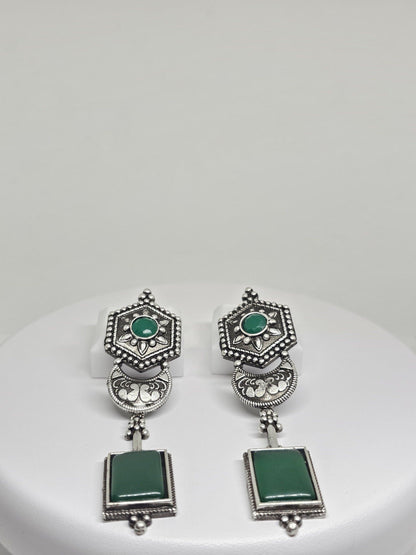 Green Monalisa stone earrings with antique silver detailing, elegant boho statement earrings