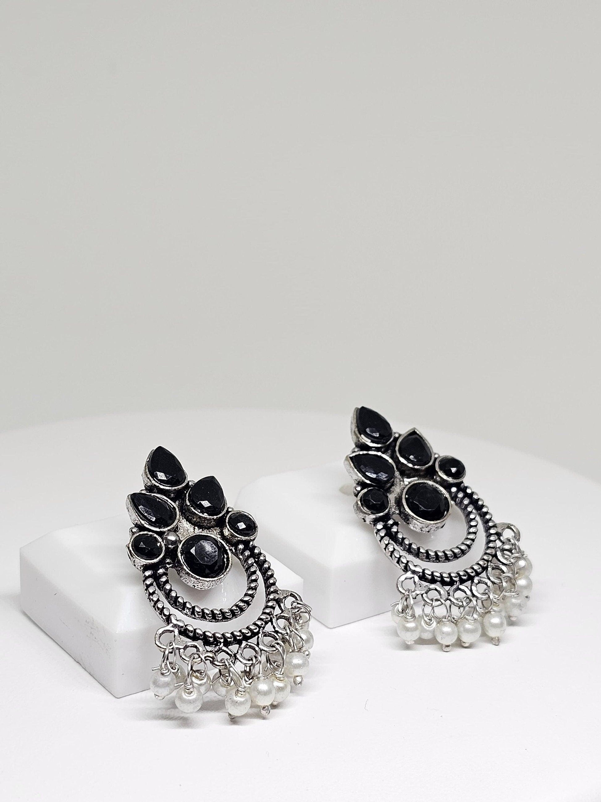 Handcrafted boho black onyx and pearl chandbali earrings, vintage tribal statement jewelry for women