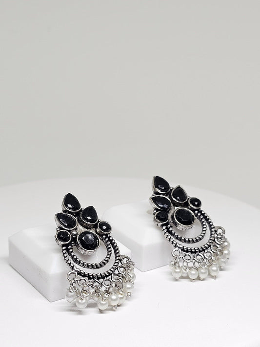 Handcrafted boho black onyx and pearl chandbali earrings, vintage tribal statement jewelry for women