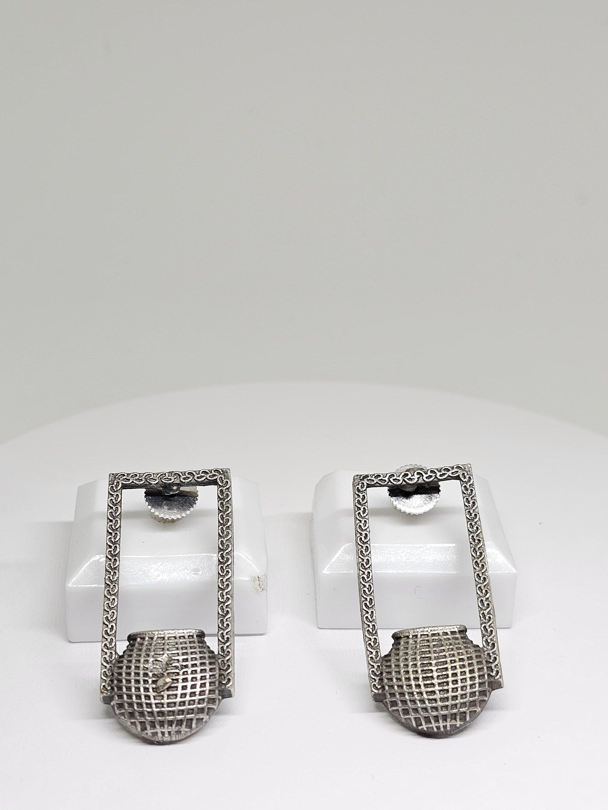 Rectangular silver drop earrings with intricate details, handmade ethnic jewelry for women