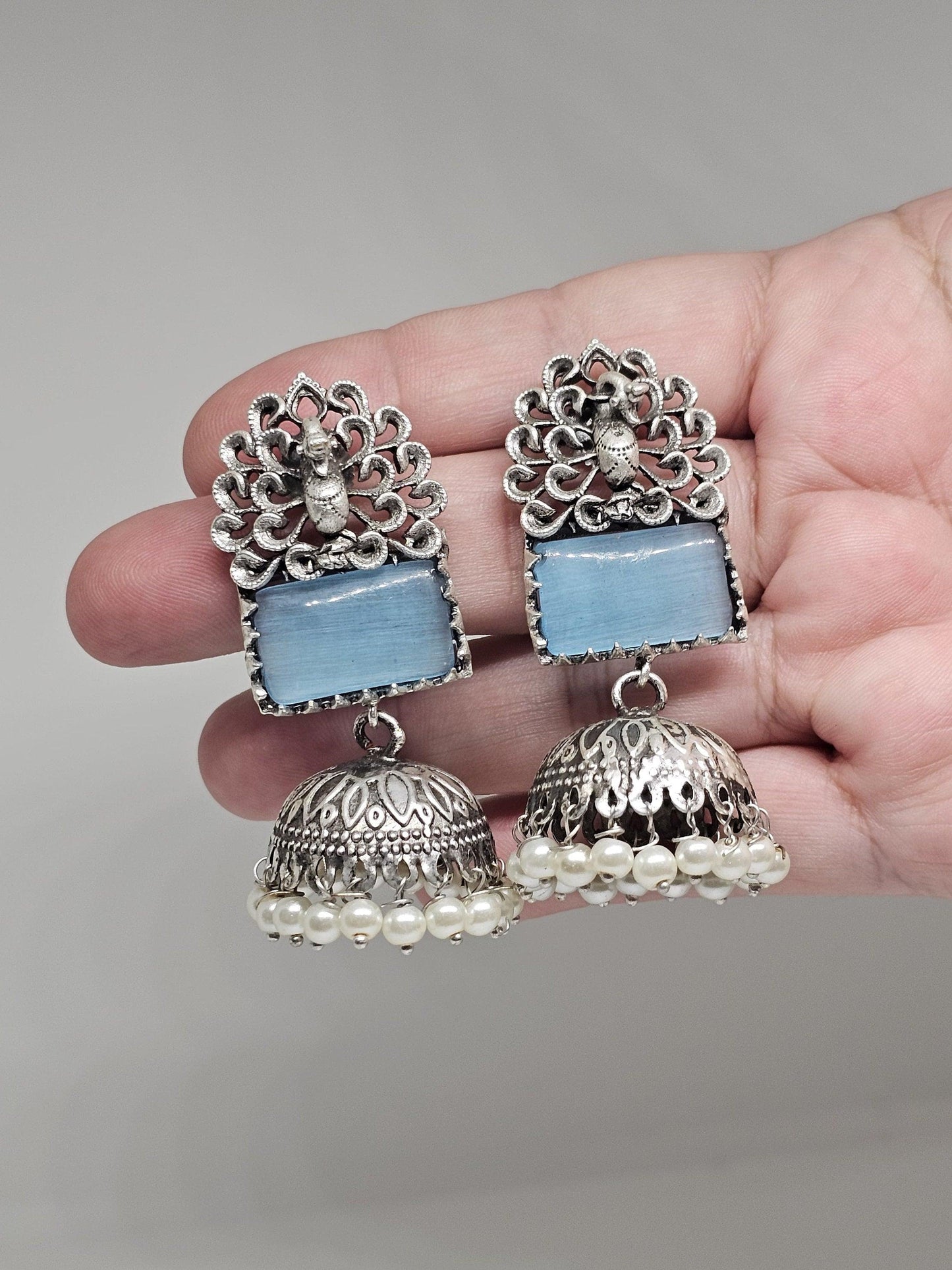 Silver Jhumka Earrings with Blue or Black Stones, Traditional Indian Jewelry, Pearl Dangle Ethnic Earrings, Handcrafted Boho Accessories
