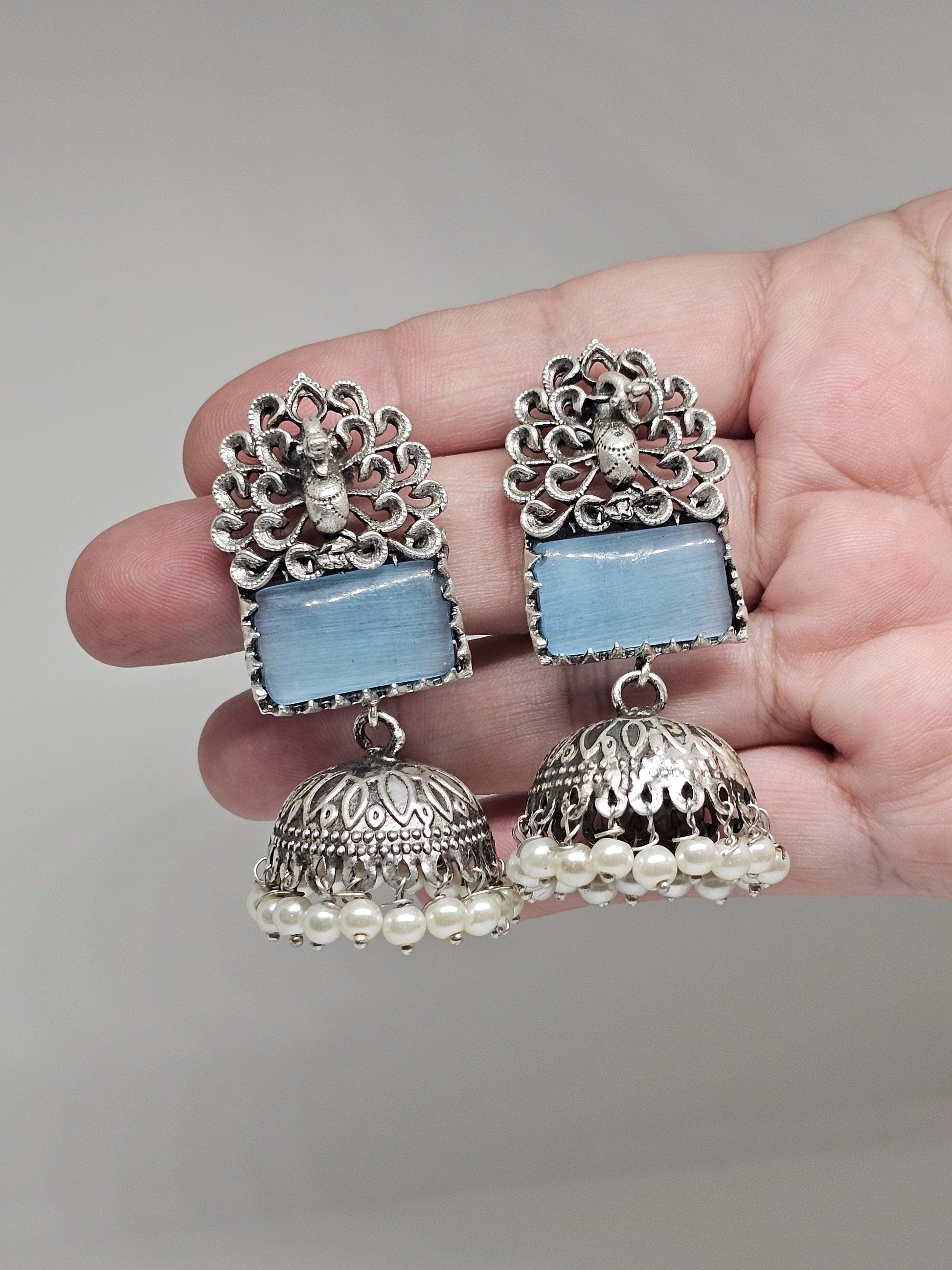 Silver Jhumka Earrings with Blue or Black Stones, Traditional Indian Jewelry, Pearl Dangle Ethnic Earrings, Handcrafted Boho Accessories