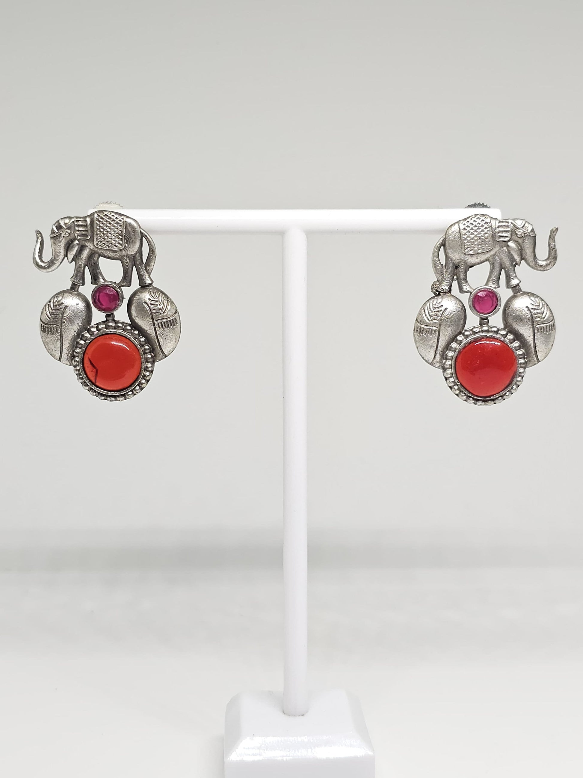 Handcrafted Silver Elephant Earrings with Green or Red Stones – Unique Ethnic Tribal Jewelry, Boho Chic Statement Accessories for Women