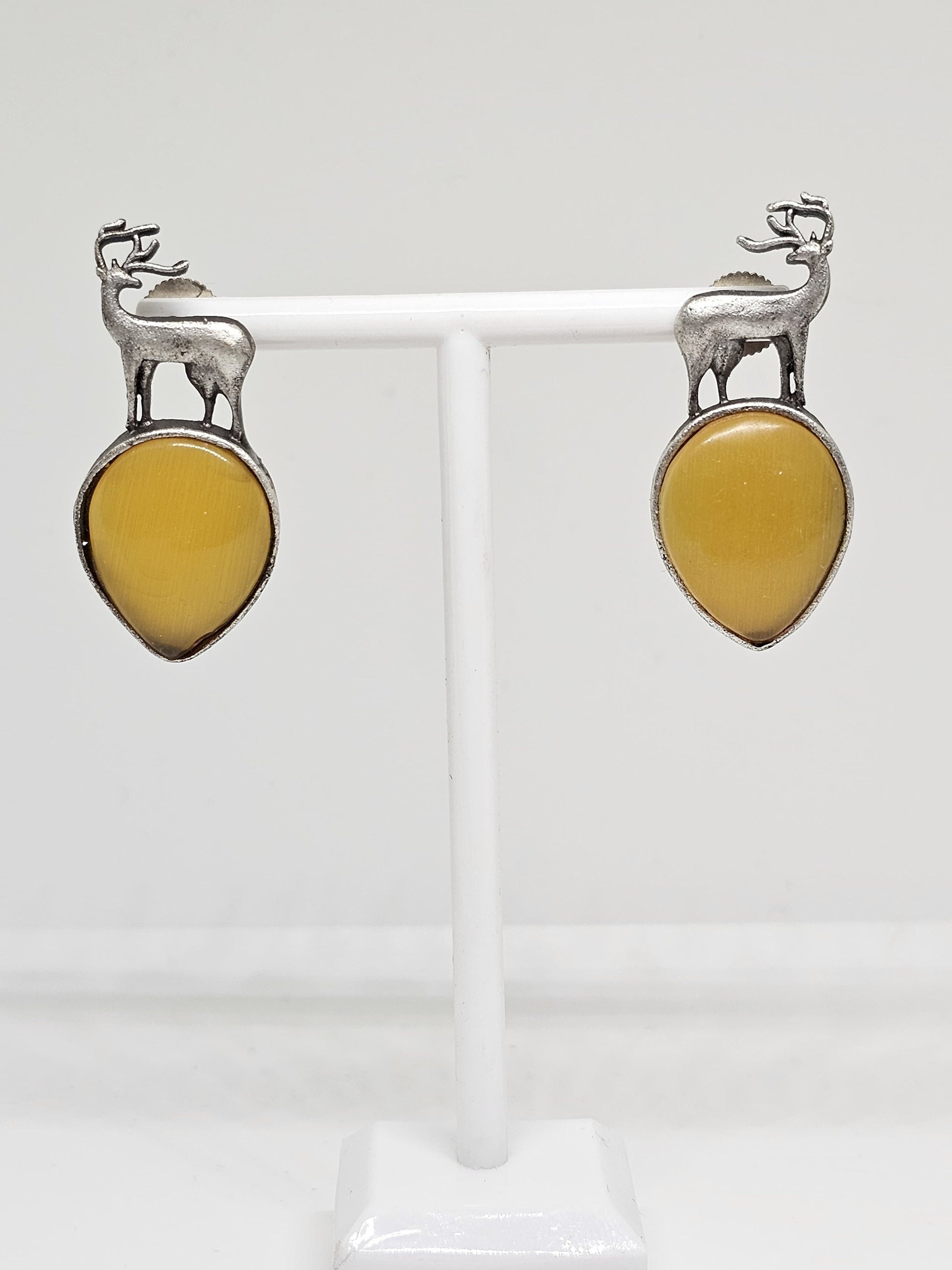 Deer Stag Silver Stone Earrings