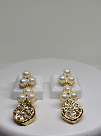 Gold Plated Pearl Drop Earrings, Handmade Statement Jewelry, Bridal Earrings, Indian Ethnic Style, Elegant Wedding Accessories for Women