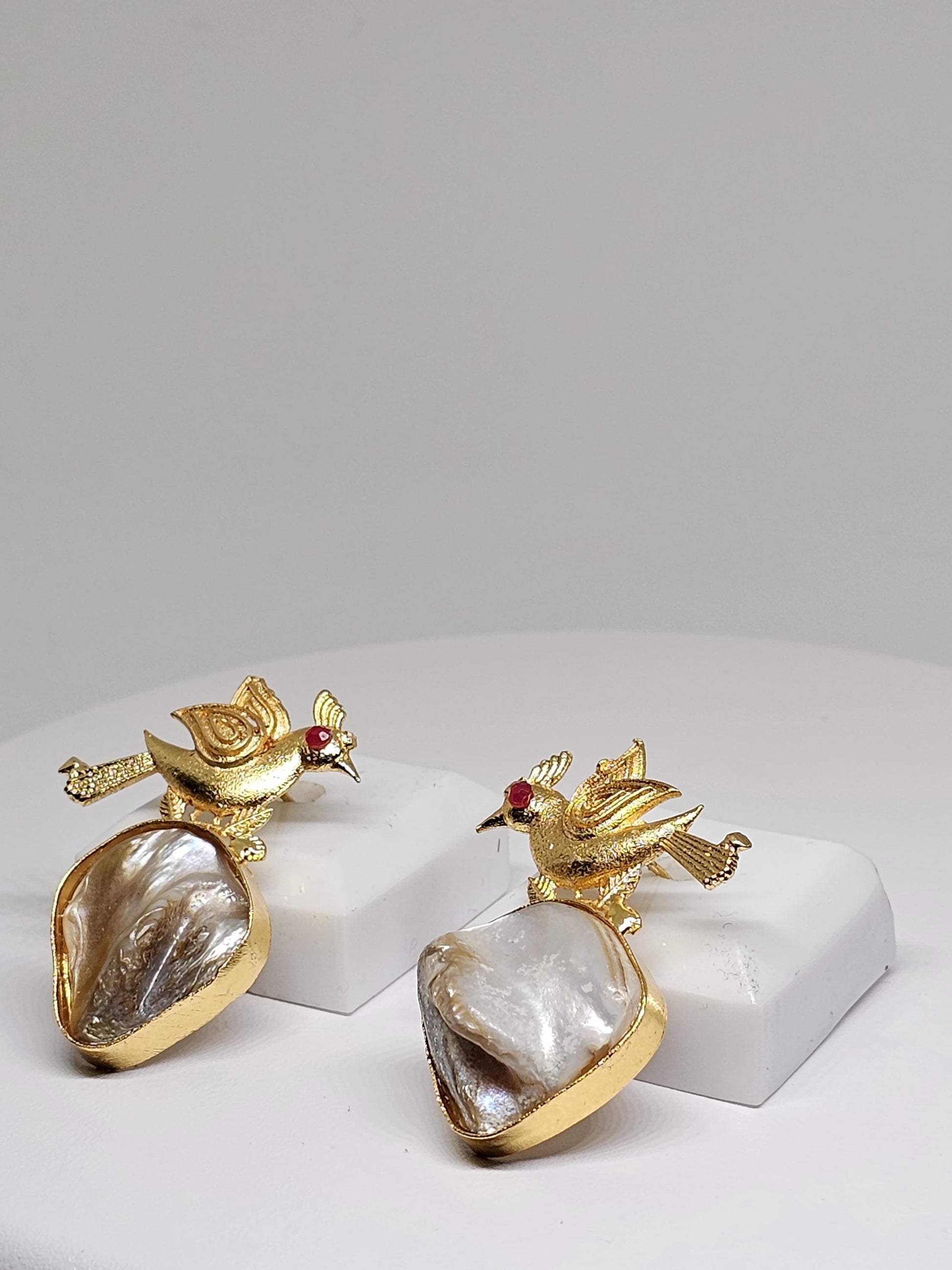 Gold-Plated Bird Design Earrings, Handmade Statement Jewelry, Natural Shell Drop, Unique Boho Style Earrings, Lightweight Gift for Her