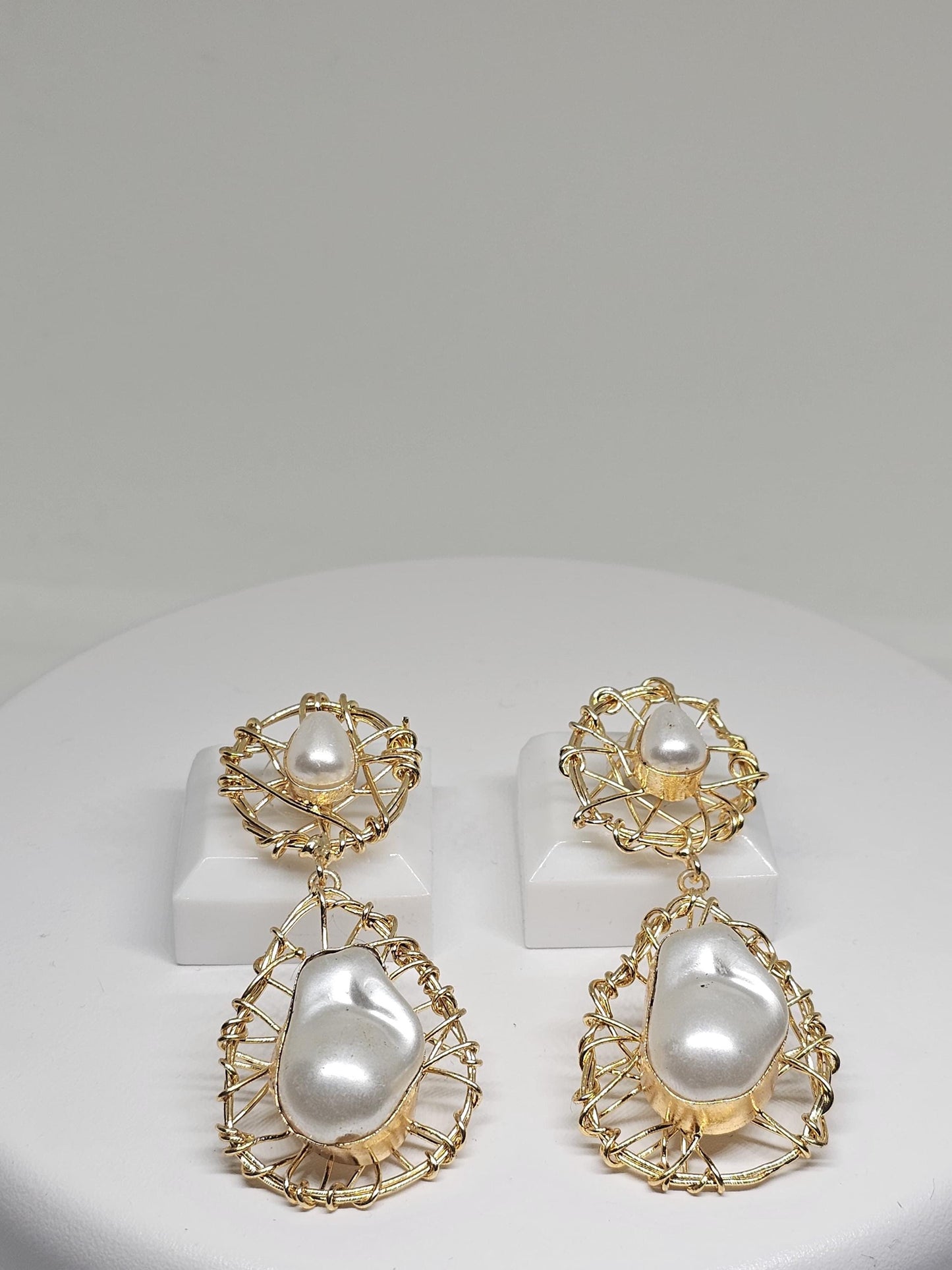 Gold Wire Wrapped Pearl Drop Earrings, Handmade Statement Jewelry, Elegant Modern Design, Lightweight Earrings, Gift for Women