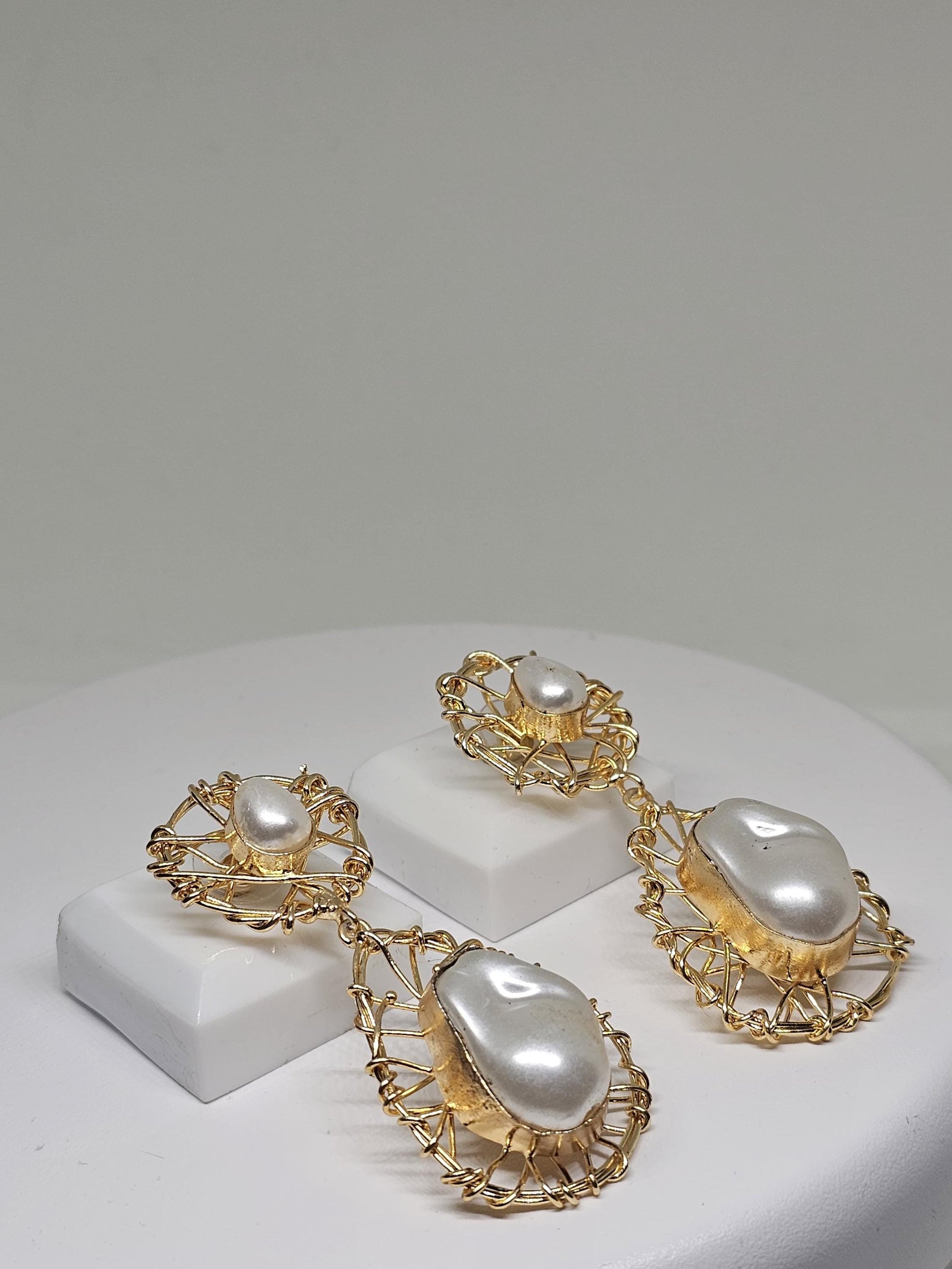 Gold Wire Wrapped Pearl Drop Earrings, Handmade Statement Jewelry, Elegant Modern Design, Lightweight Earrings, Gift for Women