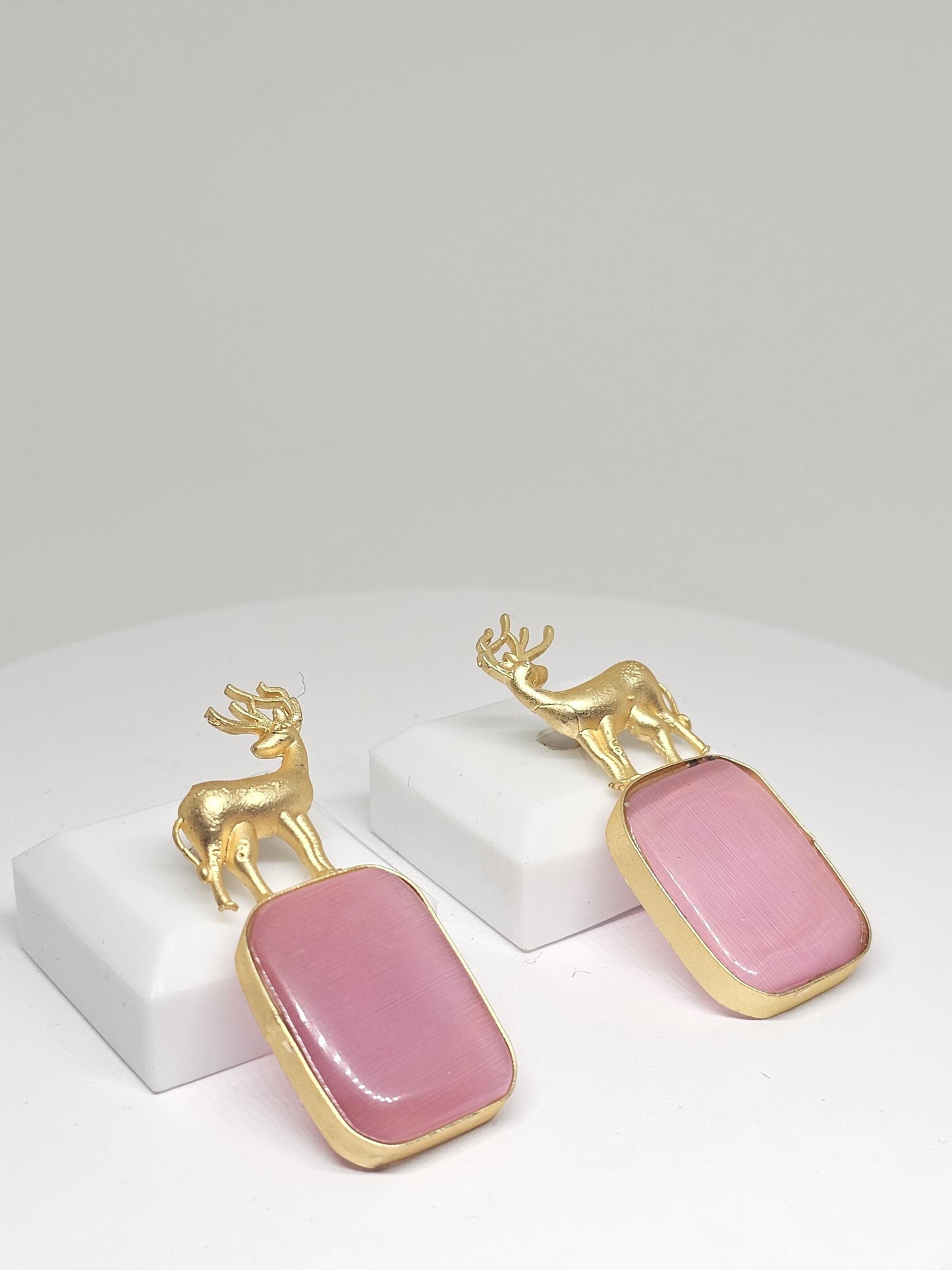 Gold Deer Monalisa Stone Earrings – Pink Gemstone Studs for Women, Elegant Animal Design Jewelry, Lightweight Earrings for Parties & Gifts