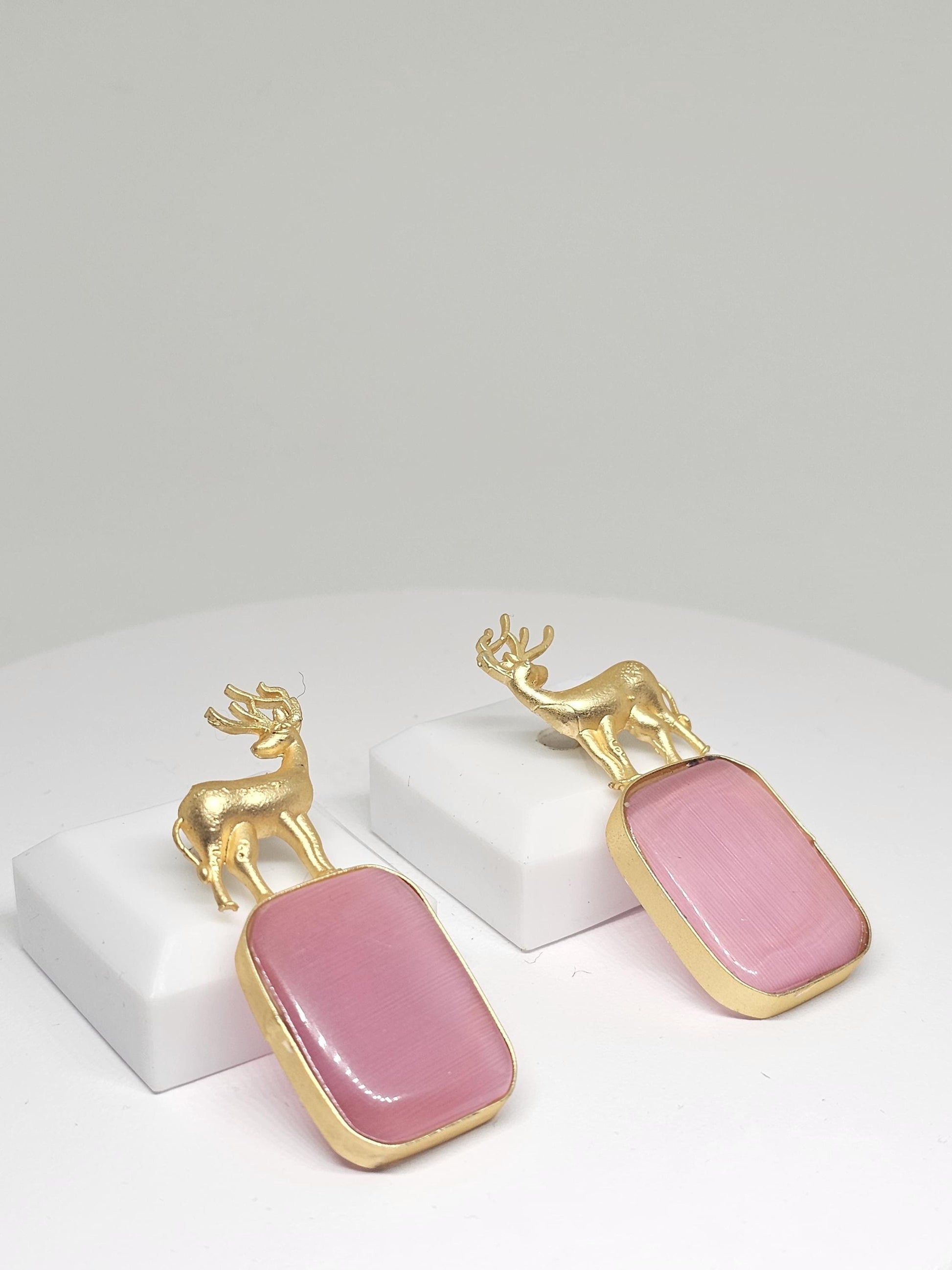 Gold Deer Monalisa Stone Earrings – Pink Gemstone Studs for Women, Elegant Animal Design Jewelry, Lightweight Earrings for Parties & Gifts