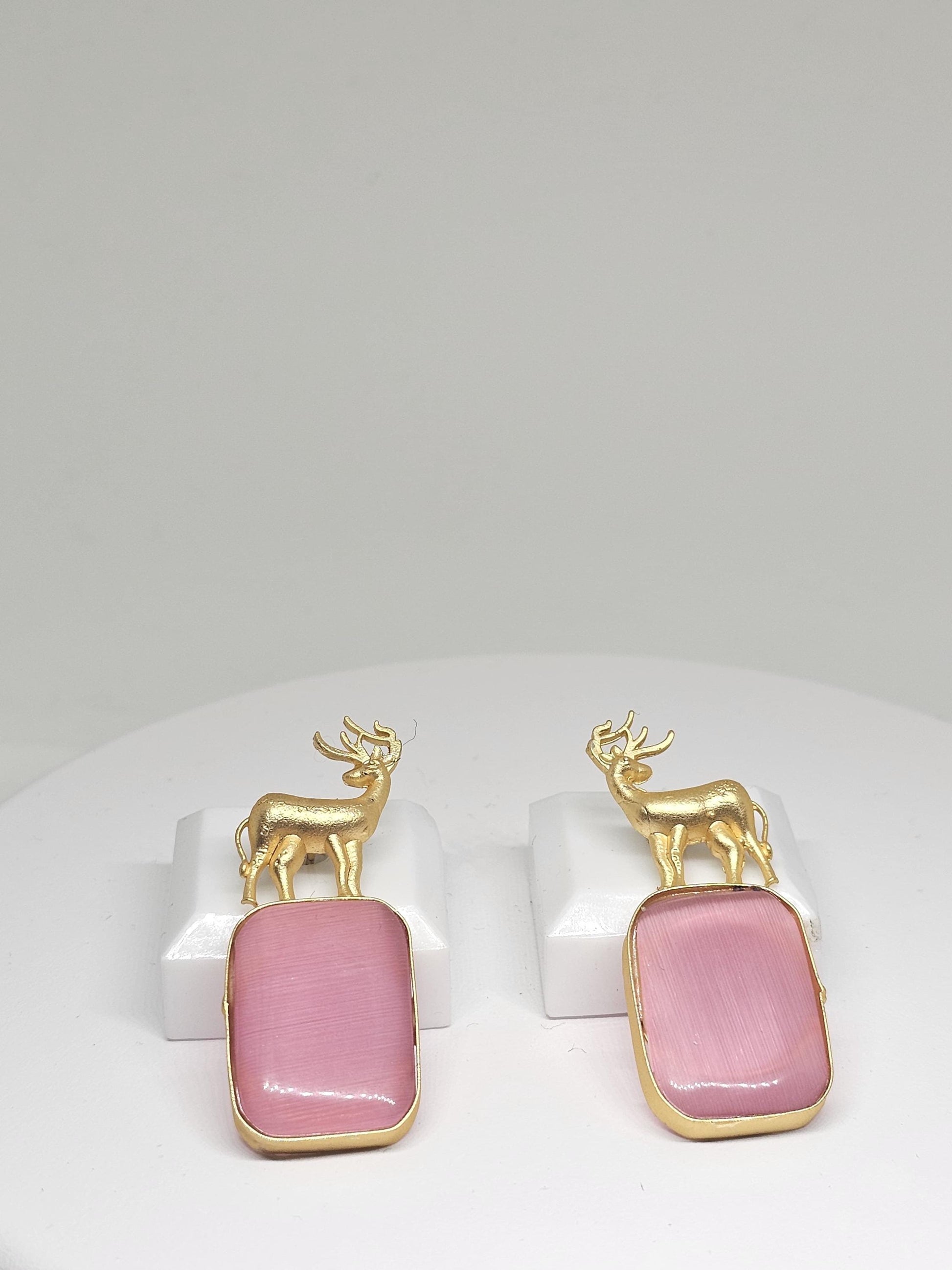 Gold Deer Monalisa Stone Earrings – Pink Gemstone Studs for Women, Elegant Animal Design Jewelry, Lightweight Earrings for Parties & Gifts