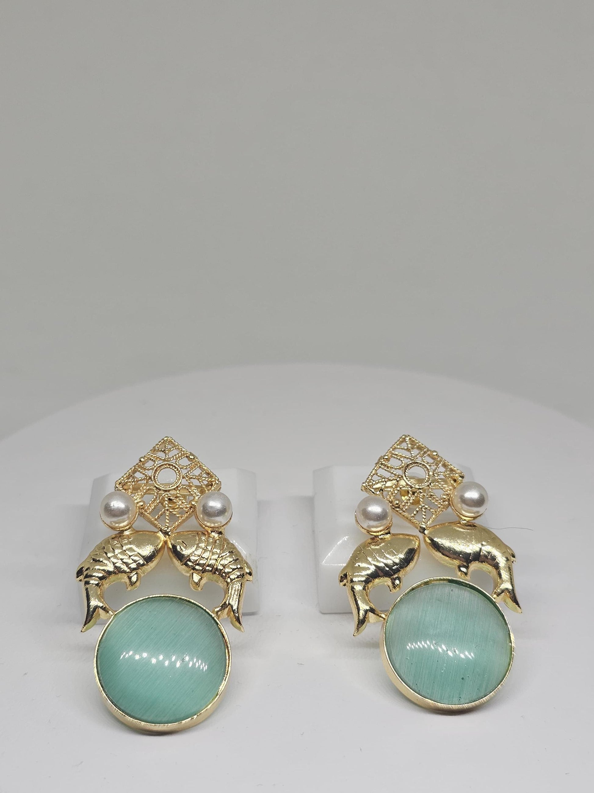 Gold Fish Design Earrings with Green Monalisa Stone – Elegant Animal-Inspired Jewelry, Pearl Accents, Lightweight Earrings for Women