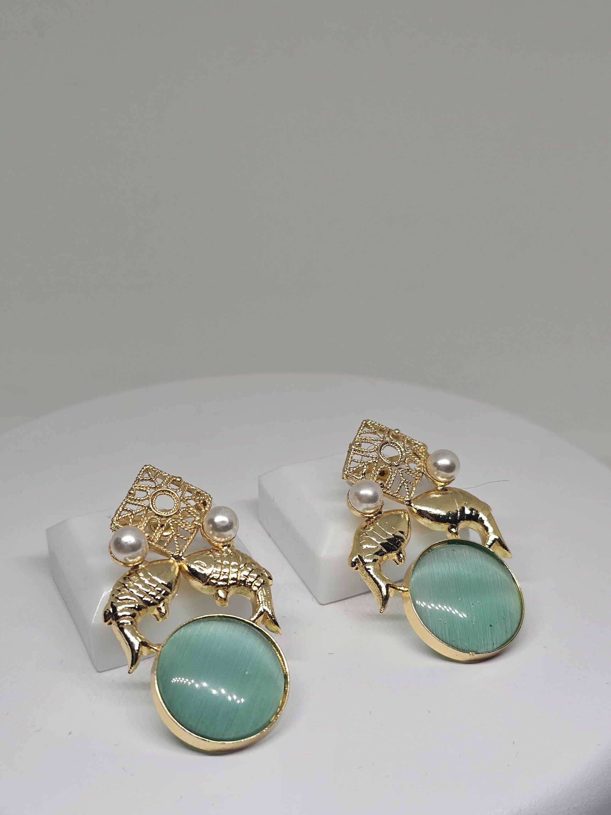 Gold Fish Design Earrings with Green Monalisa Stone – Elegant Animal-Inspired Jewelry, Pearl Accents, Lightweight Earrings for Women