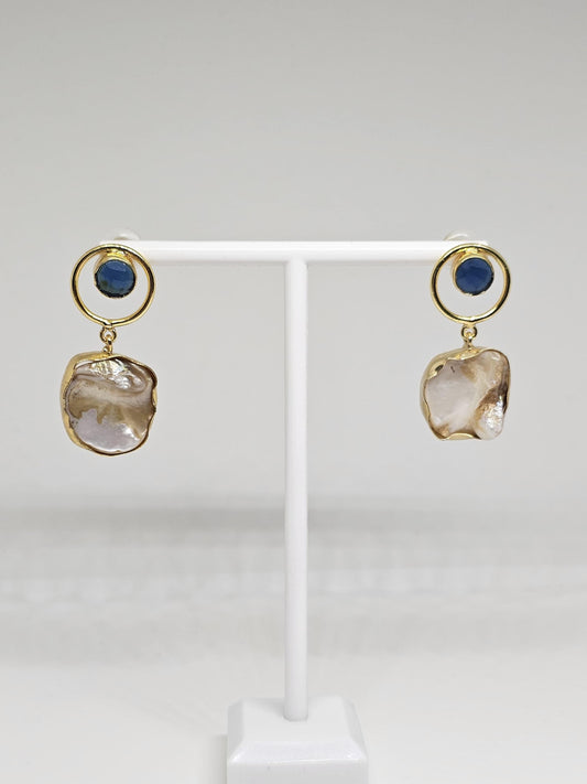 Gold-plated drop earrings with natural pearl shell and blue stone detail