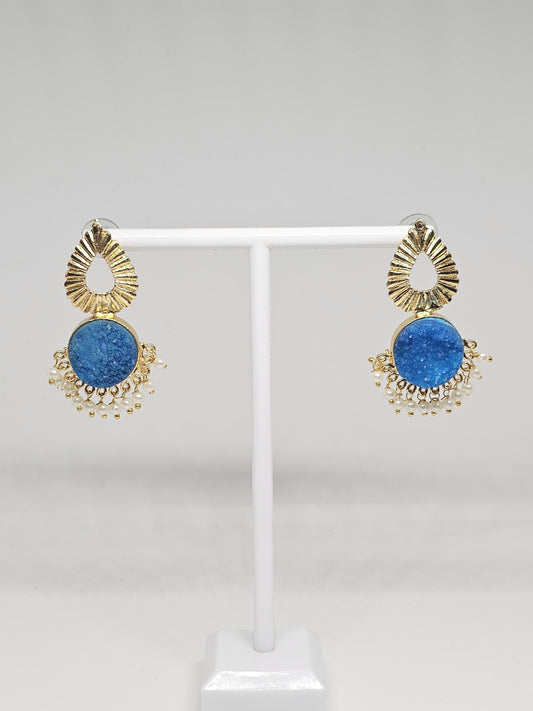 Traditional Brass Gold Plated Dangler Earrings with Blue Stone and Pearl Beads – Ethnic Jewelry for Women in Blue and Yellow Variations