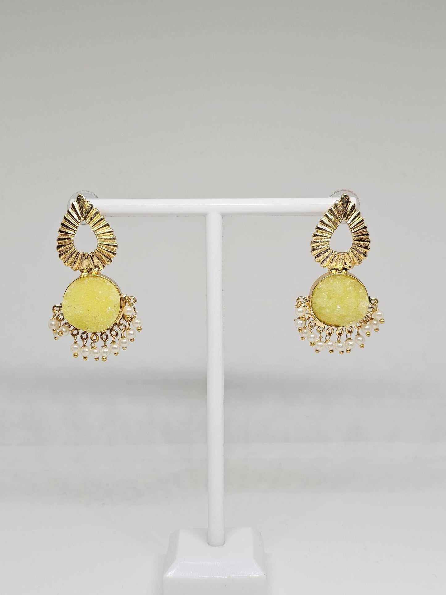 Traditional Brass Gold Plated Dangler Earrings with Blue Stone and Pearl Beads – Ethnic Jewelry for Women in Blue and Yellow Variations