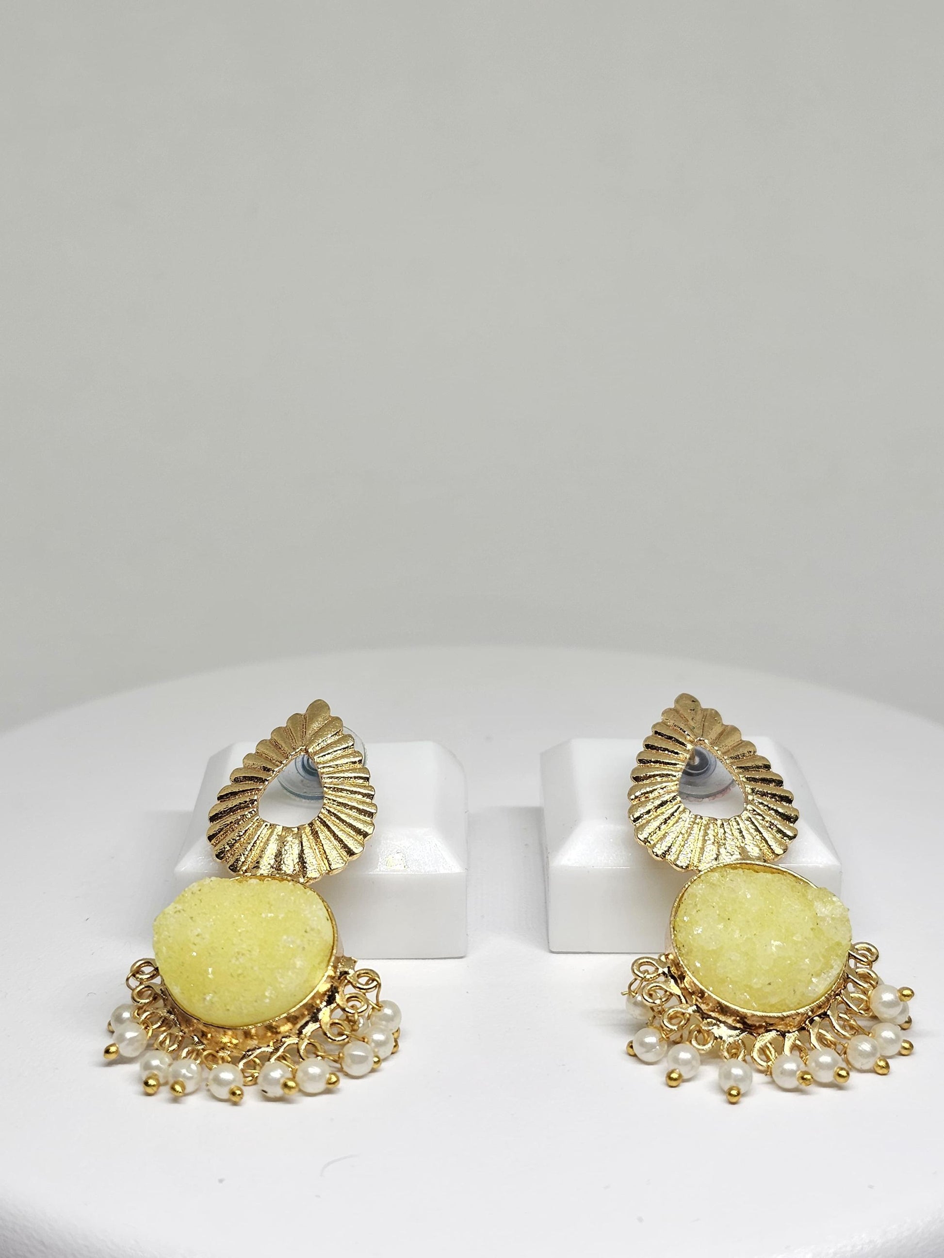 Traditional Brass Gold Plated Dangler Earrings with Blue Stone and Pearl Beads – Ethnic Jewelry for Women in Blue and Yellow Variations