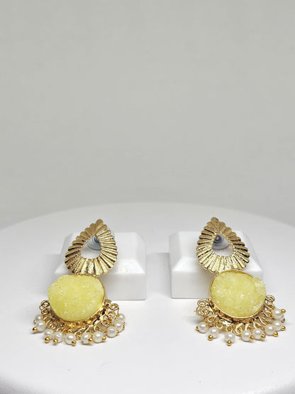 Traditional Brass Gold Plated Dangler Earrings with Blue Stone and Pearl Beads – Ethnic Jewelry for Women in Blue and Yellow Variations