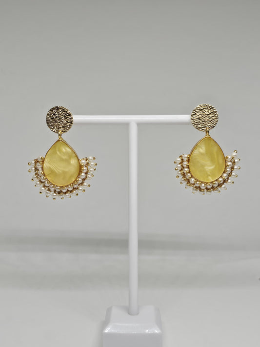 Gold Plated Brass Drop Earrings with Textured Design, Faux Pearl Beading, and Teardrop Centerpiece – Elegant Indian Pearl Jewelry for Women