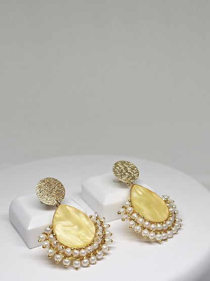 Gold Plated Brass Drop Earrings with Textured Design, Faux Pearl Beading, and Teardrop Centerpiece – Elegant Indian Pearl Jewelry for Women