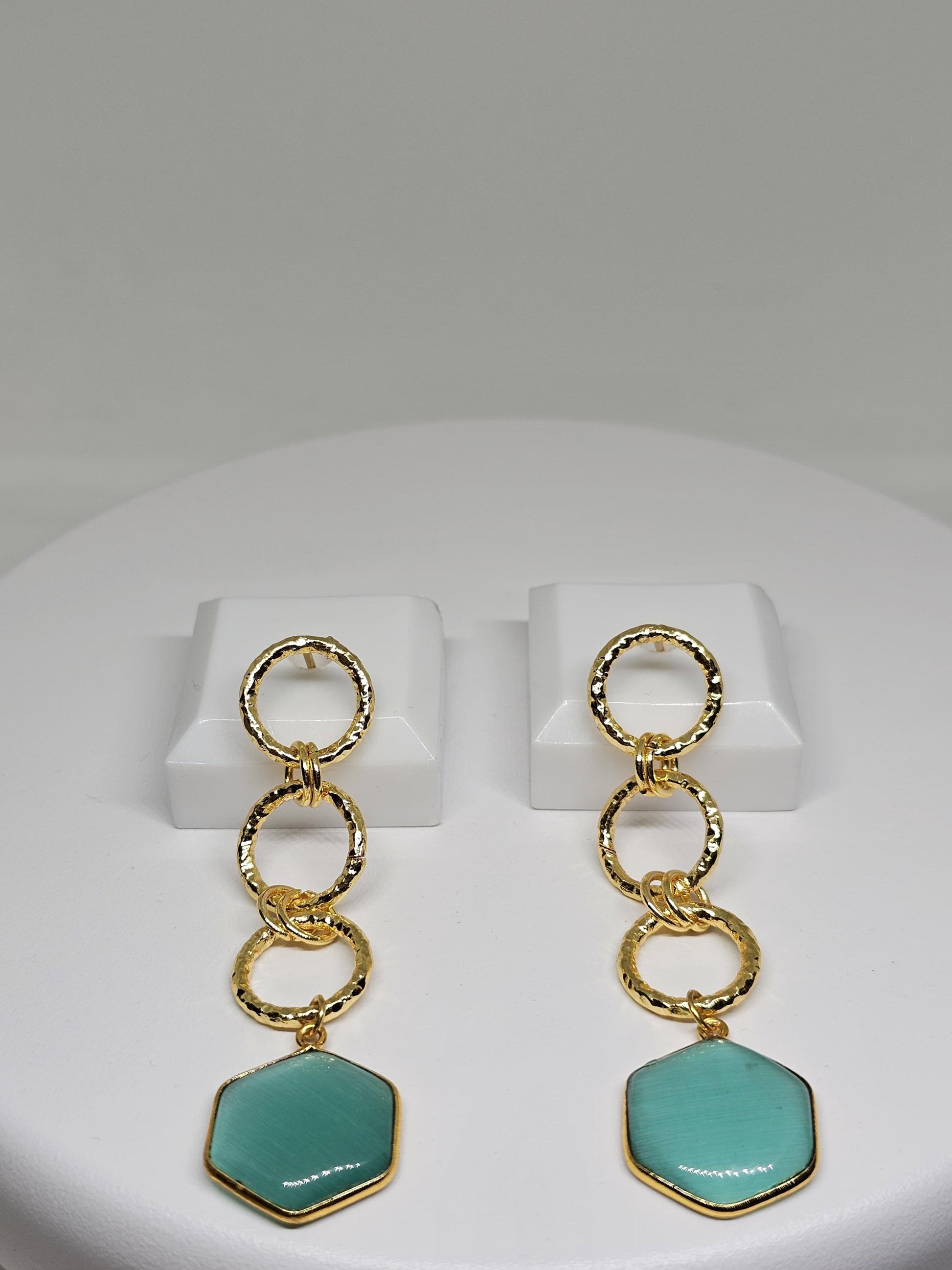 Gold Brass Hexagon Aqua Stone Dangle Earrings - Lightweight Geometric Earrings for Women - Elegant Gift Jewelry for Women, Christmas Gift