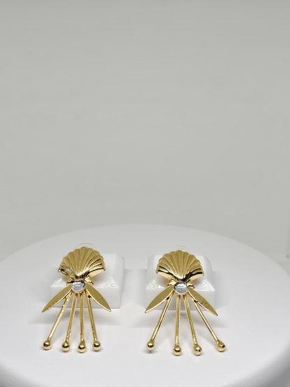 Golden Shell Dangle Earrings with Crystal Detail - Modern Statement Earrings for Women - Lightweight Sea-Inspired Jewelry , Brass Earrings