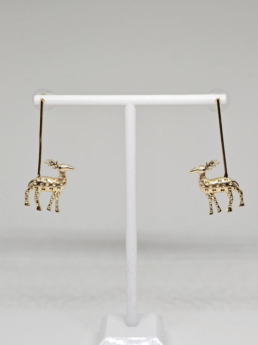 Golden reindeer dangle earrings with a minimalist bar design, crafted for festive occasions and Christmas celebrations. Perfect holiday gift for women
