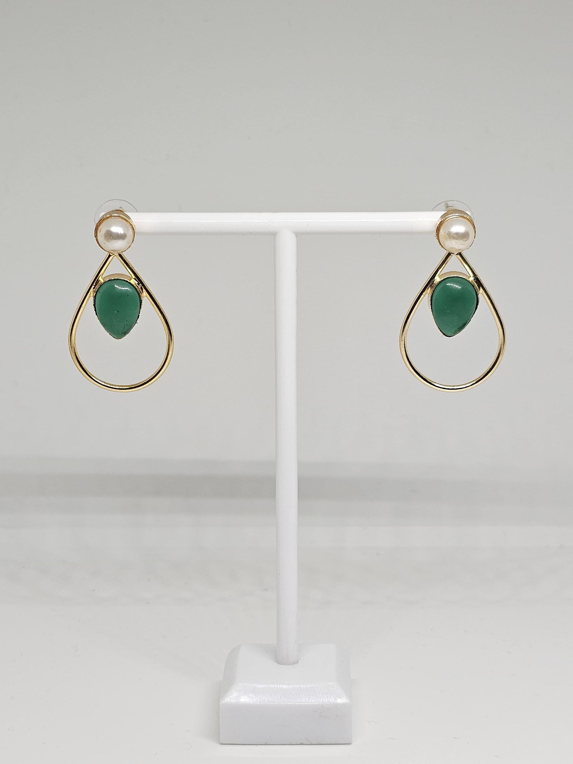Gold teardrop earrings featuring mother-of-pearl stud and green stone drop, handcrafted for women