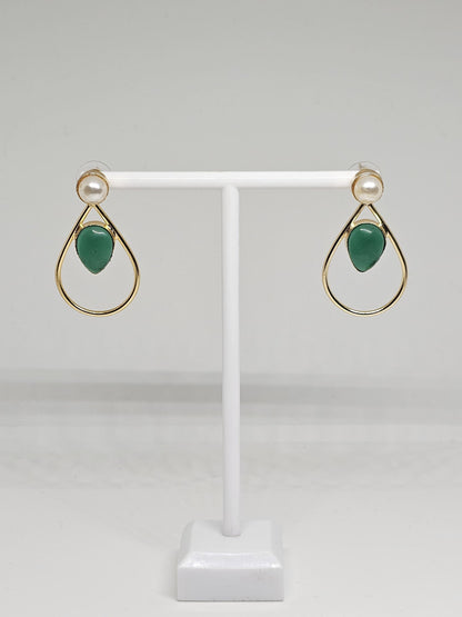 Gold teardrop earrings featuring mother-of-pearl stud and green stone drop, handcrafted for women