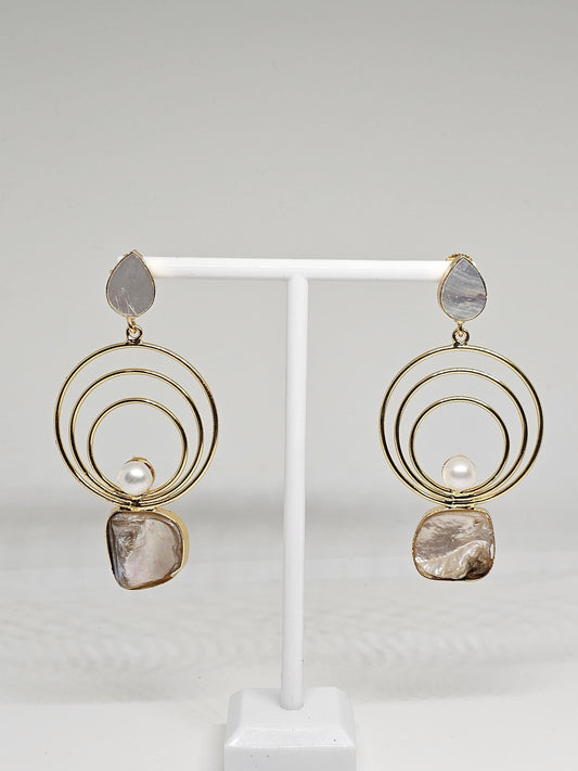 Gold Spiral Drop Earrings with Mother-of-Pearl and Teardrop Studs – Statement Handmade Jewelry for Women, Stone Brass Earrings for Her