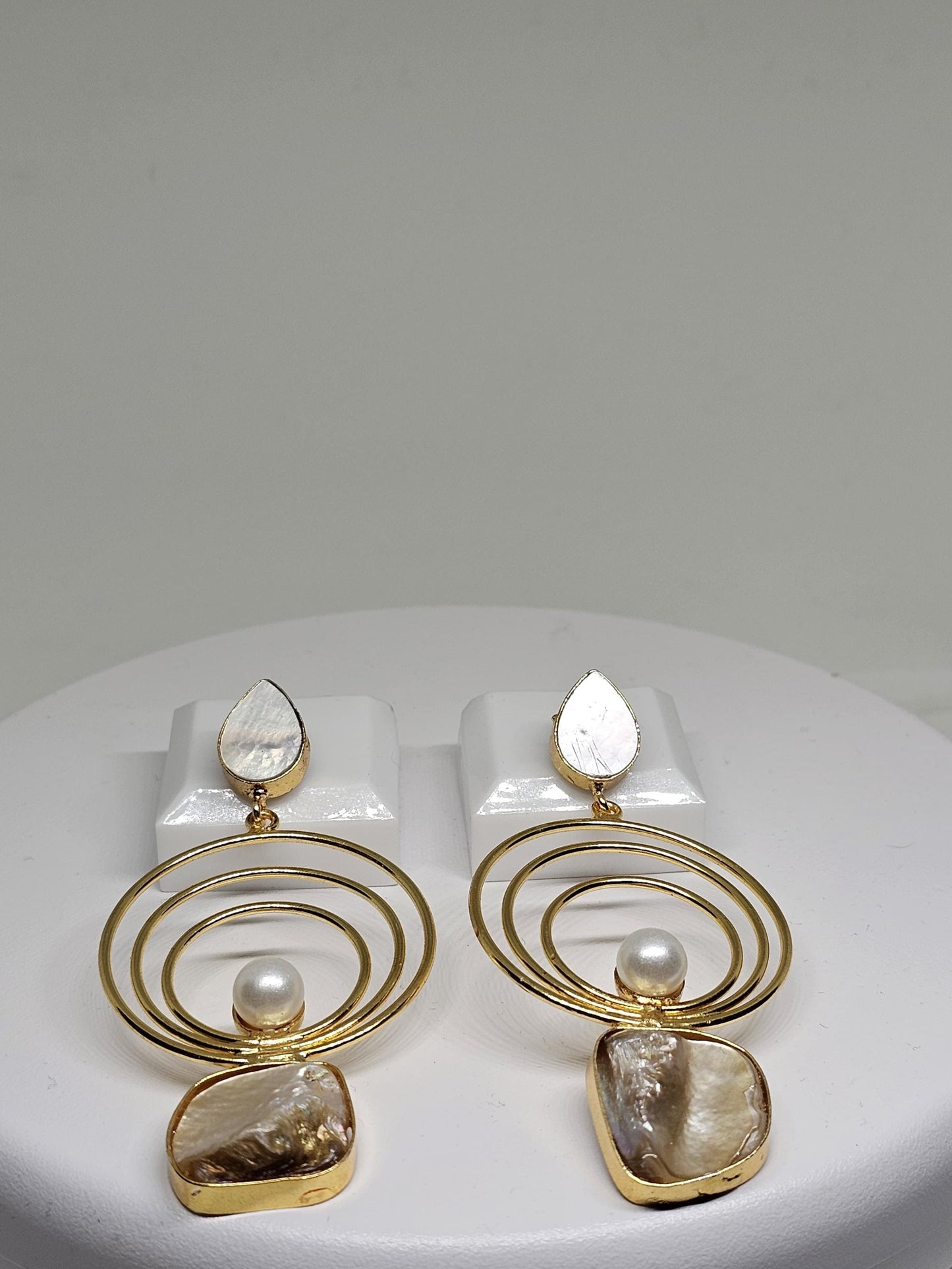Gold Spiral Drop Earrings with Mother-of-Pearl and Teardrop Studs – Statement Handmade Jewelry for Women, Stone Brass Earrings for Her