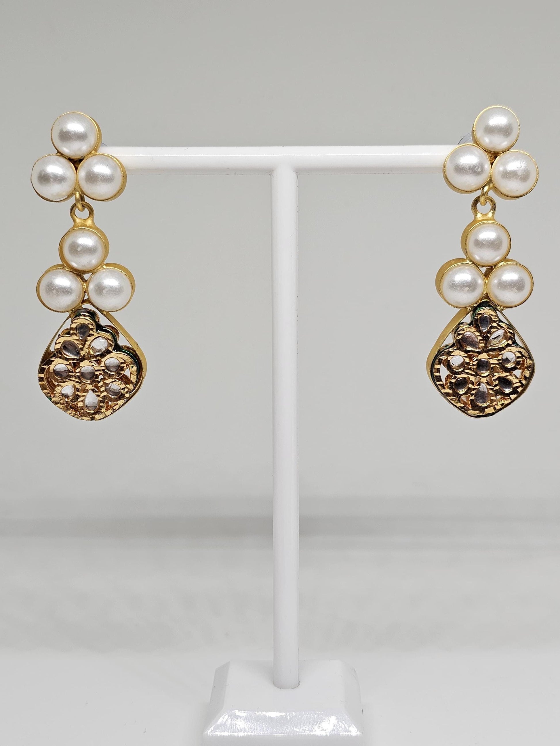 Gold Plated Pearl Drop Earrings, Handmade Statement Jewelry, Bridal Earrings, Indian Ethnic Style, Elegant Wedding Accessories for Women