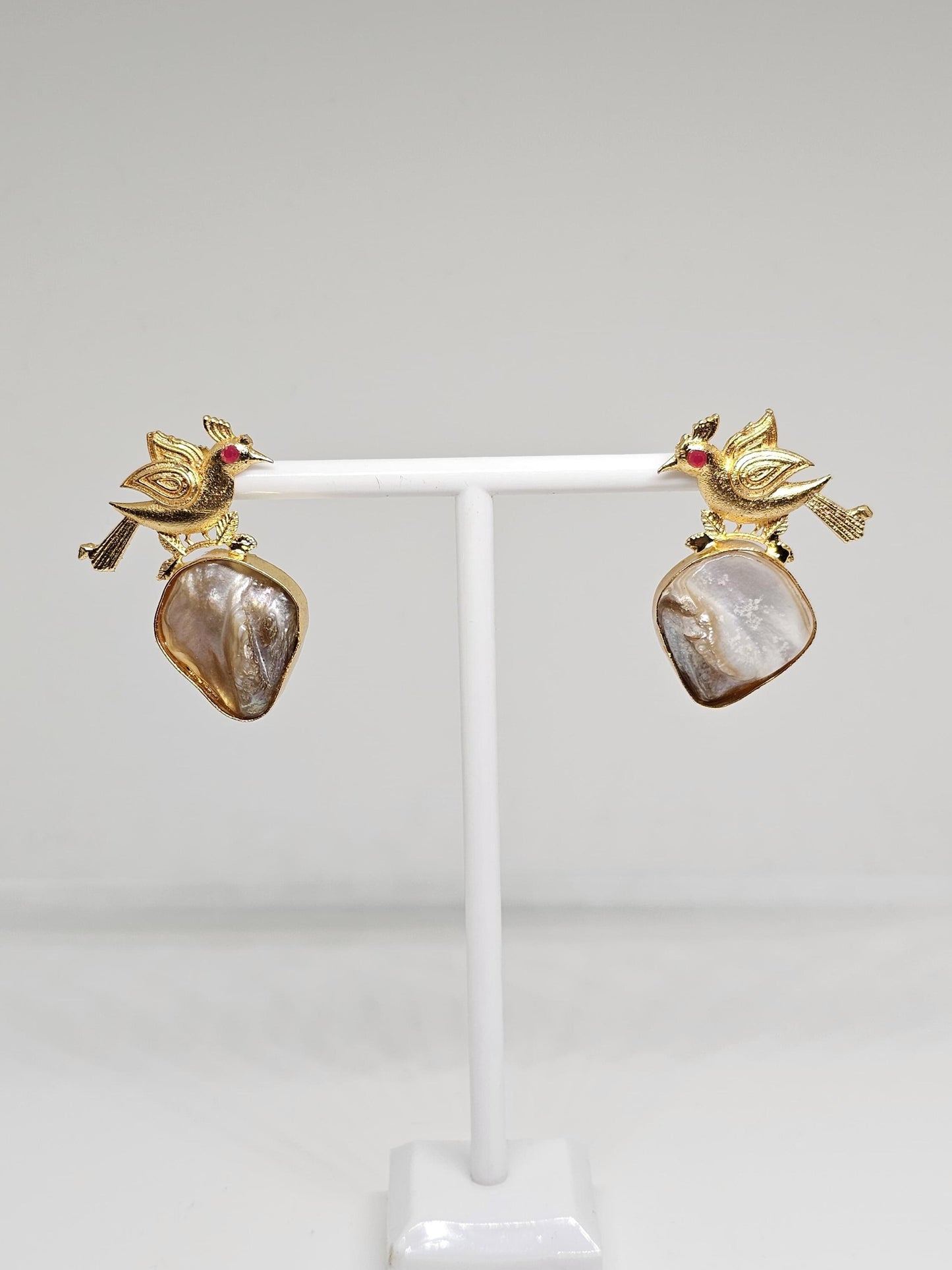 Gold-Plated Bird Design Earrings, Handmade Statement Jewelry, Natural Shell Drop, Unique Boho Style Earrings, Lightweight Gift for Her