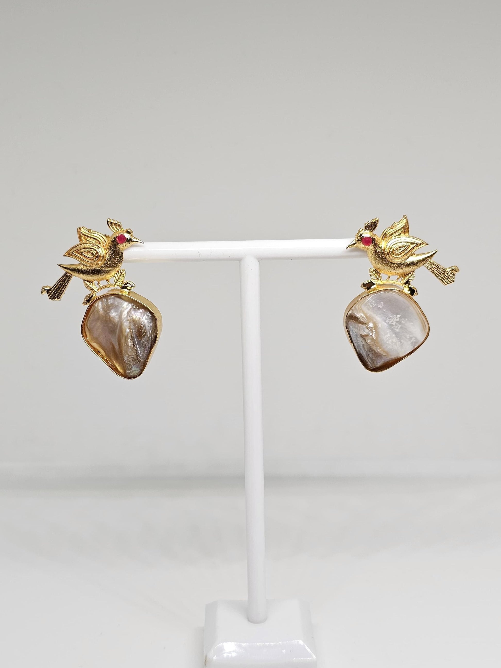 Gold-Plated Bird Design Earrings, Handmade Statement Jewelry, Natural Shell Drop, Unique Boho Style Earrings, Lightweight Gift for Her