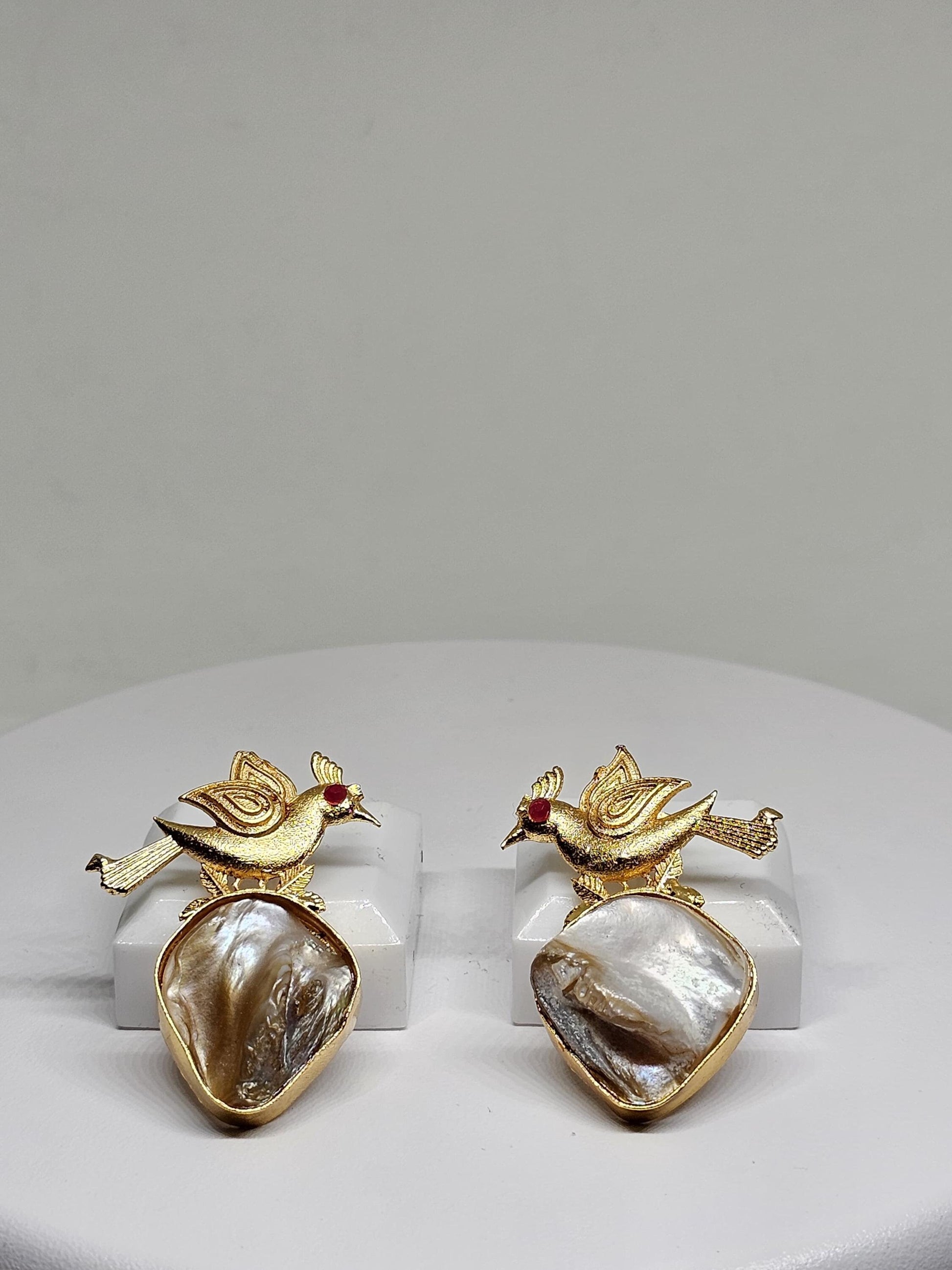 Gold-Plated Bird Design Earrings, Handmade Statement Jewelry, Natural Shell Drop, Unique Boho Style Earrings, Lightweight Gift for Her