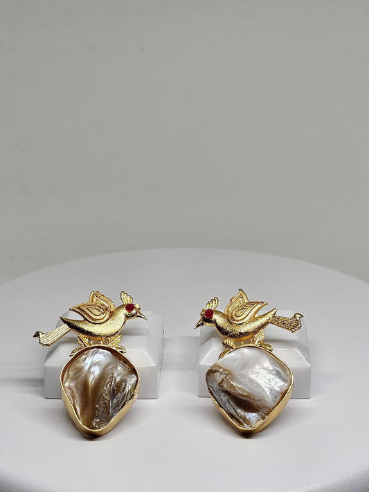 Gold-Plated Bird Design Earrings, Handmade Statement Jewelry, Natural Shell Drop, Unique Boho Style Earrings, Lightweight Gift for Her