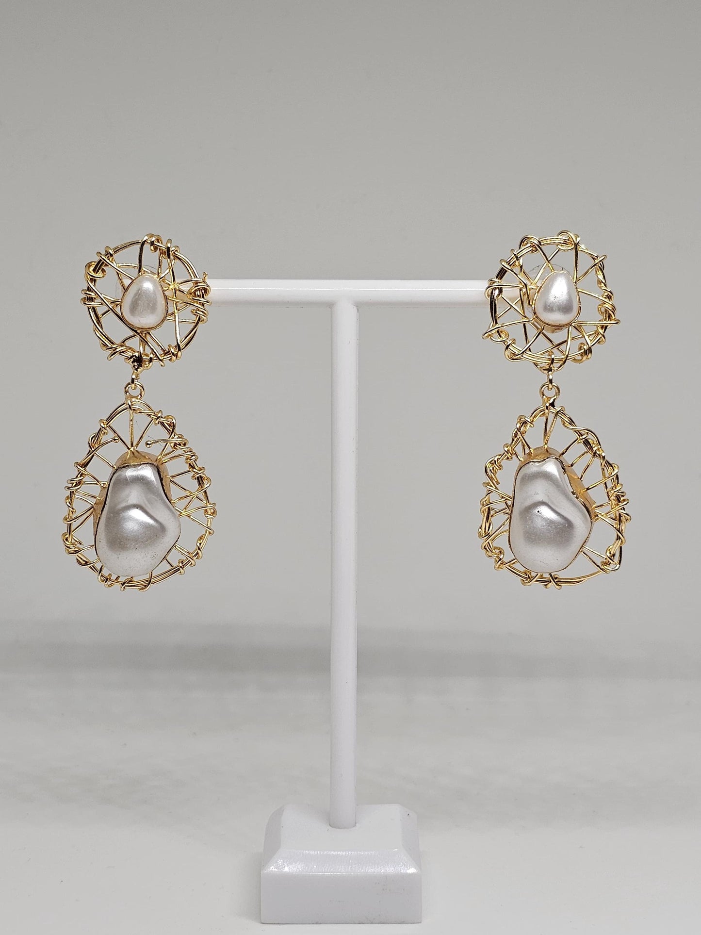 Gold Wire Wrapped Pearl Drop Earrings, Handmade Statement Jewelry, Elegant Modern Design, Lightweight Earrings, Gift for Women