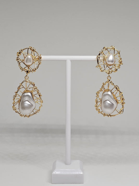 Gold Wire Wrapped Pearl Drop Earrings, Handmade Statement Jewelry, Elegant Modern Design, Lightweight Earrings, Gift for Women