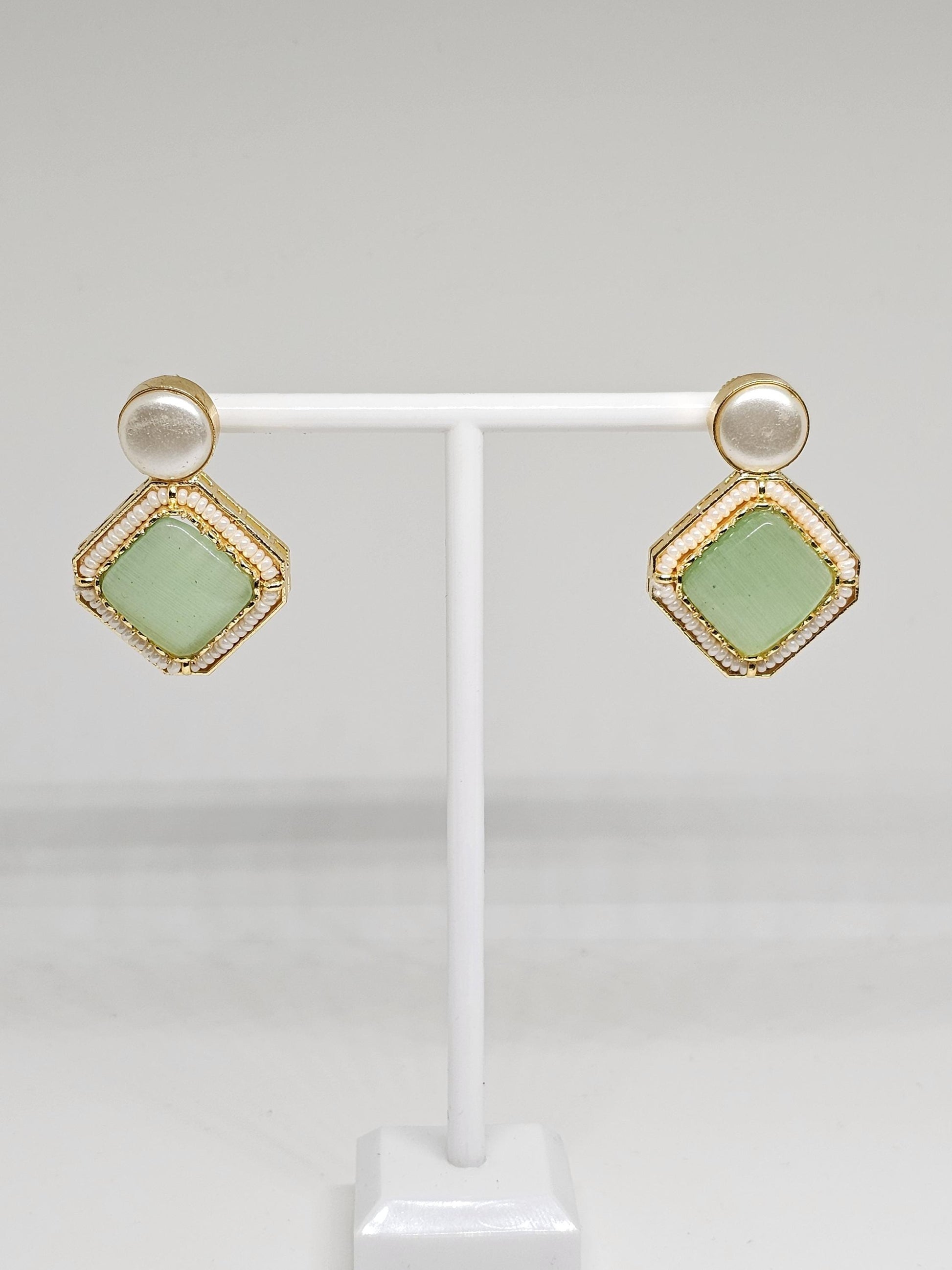 Green Square Stone Earrings with Beaded Border – Handmade Gold Stud Earrings for Women’s Unique Statement Style, Gift Ideas for her