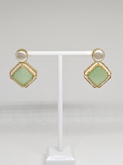 Green Square Stone Earrings with Beaded Border – Handmade Gold Stud Earrings for Women’s Unique Statement Style, Gift Ideas for her
