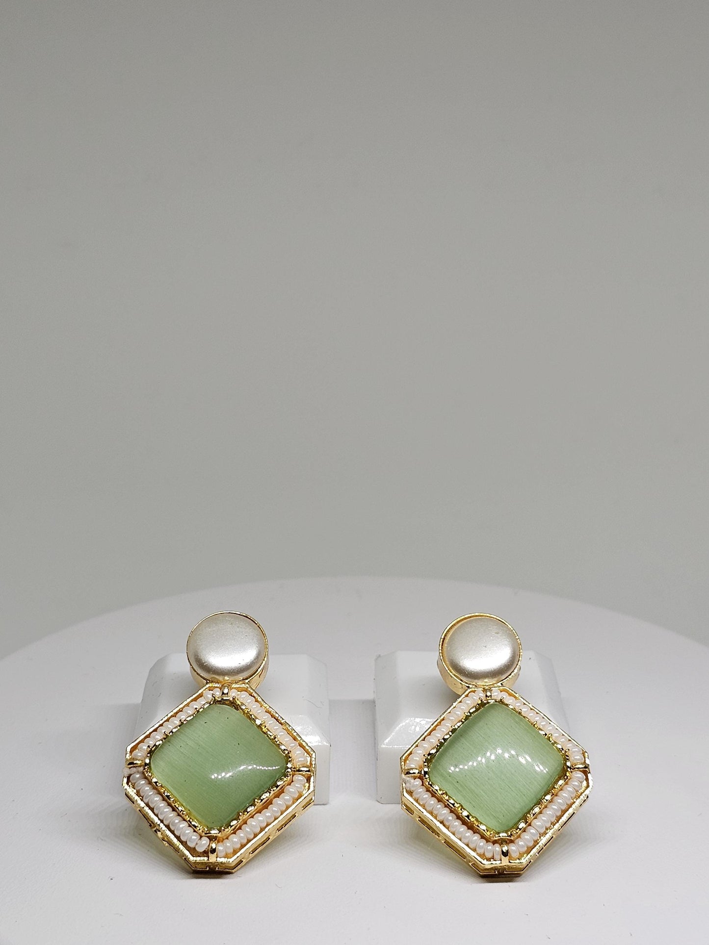 Green Square Stone Earrings with Beaded Border – Handmade Gold Stud Earrings for Women’s Unique Statement Style, Gift Ideas for her