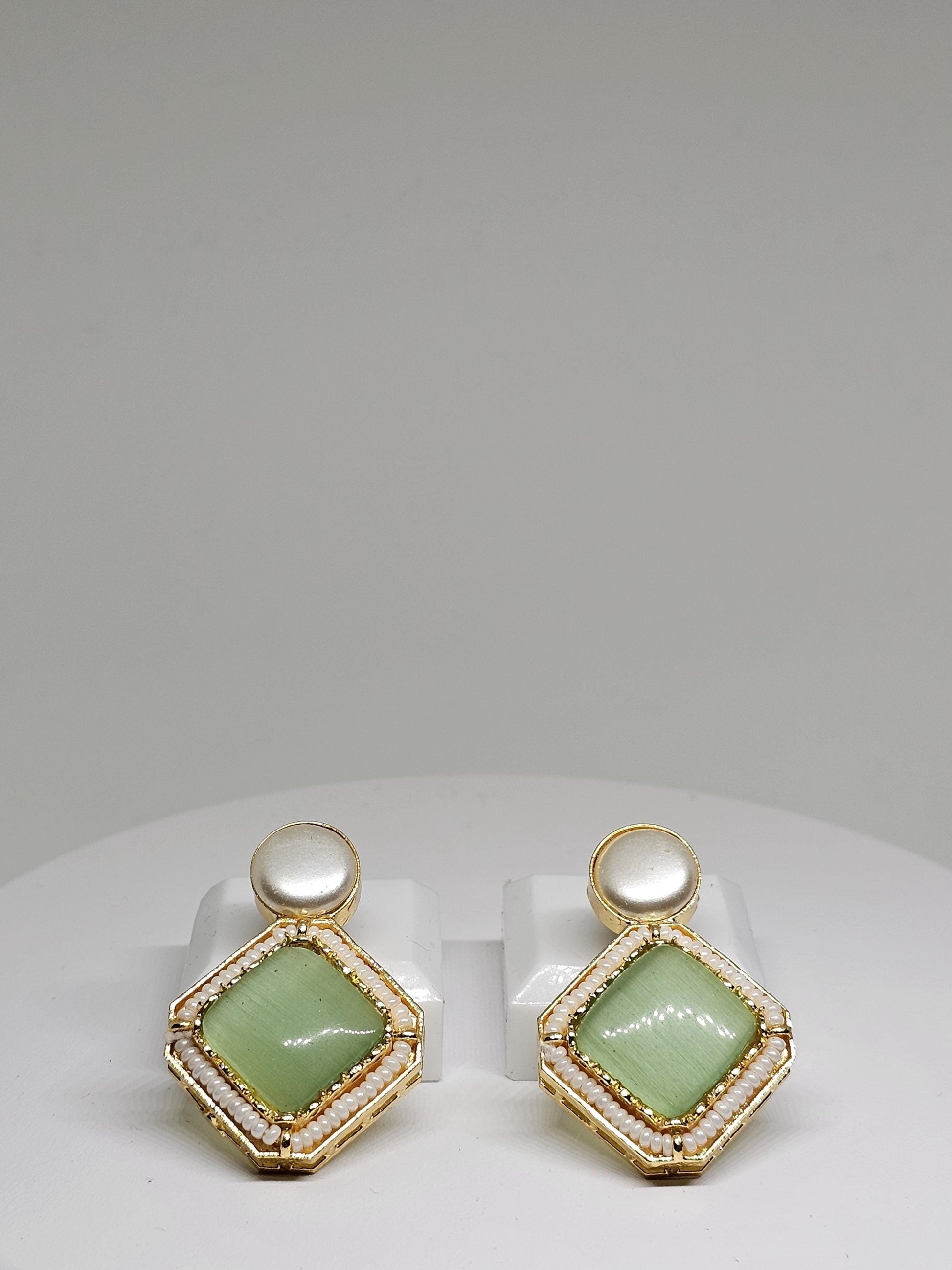 Green Square Stone Earrings with Beaded Border – Handmade Gold Stud Earrings for Women’s Unique Statement Style, Gift Ideas for her